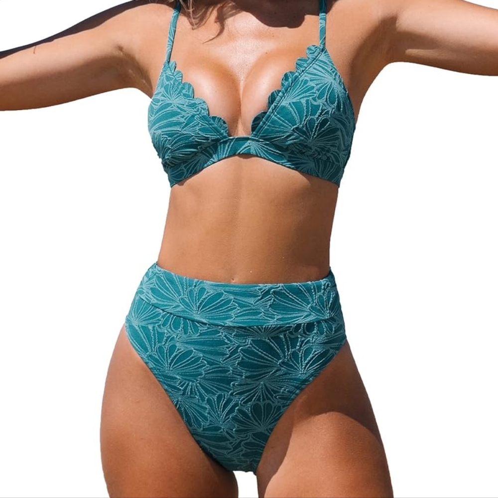 Cupshe Two Piece Swimwear Scalloped Vneck High Waisted Bralette Cyan